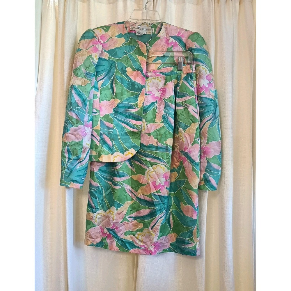 Anne Crimmins for Umi Collections Size 8 Floral 100%‎ Silk Pencil Skirt Suit Vtg